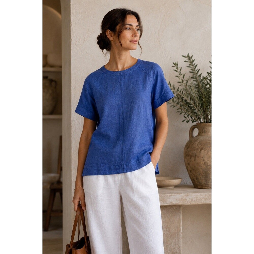 M&S Pure Linen Dark Blue Tunic Top Size 6 US 2 Relaxed Short Sleeve